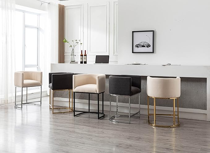 Modern Counter Height Linen Upholstered Bar Stools Set of 4, 24" Kitchen Counter Island Stools Bar Chairs with Gold Metal Frame for Kitchen Island, Cream