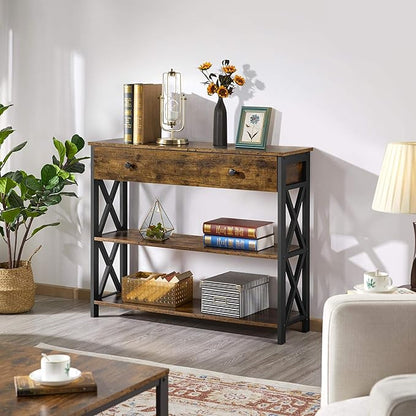 Yaheetech Console Table with Drawer, Entryway Table with 3 Tier Storage Shelves, Narrow Long Sofa Tables for Entryway, Living Room, Hallway, Couch, Kitchen, Metal Frame, Rustic Brown