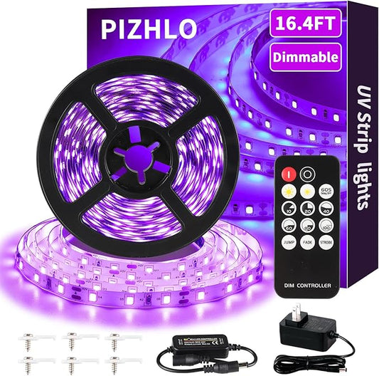 Upgraded 16.4ft/5M LED Black Light Strip Set with Remote, 300 LEDs, 12V Self-Adhesive Dimmable Black Light Fixture, for Dance Parties, SMD2835 LED Lamp Beads, Non-Waterproof