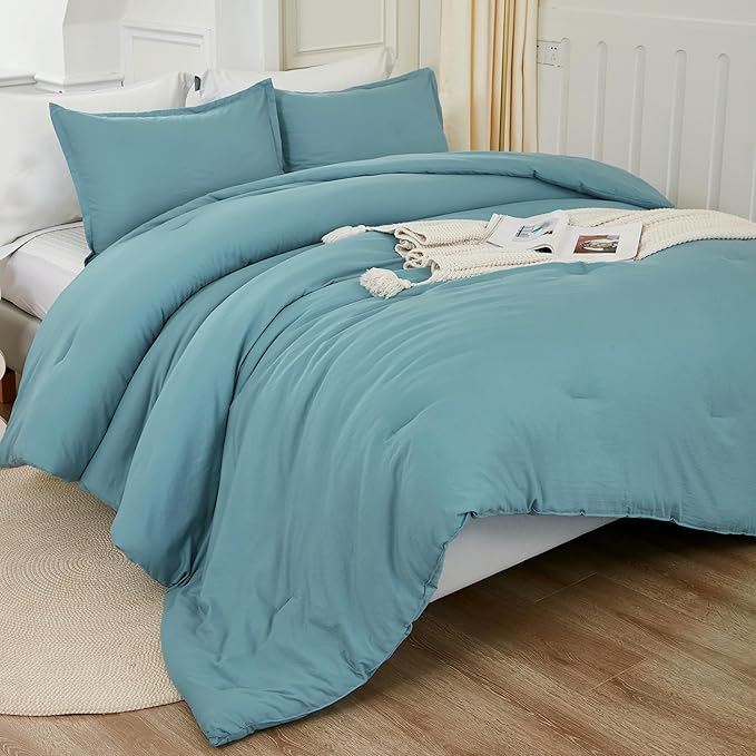 Litanika Grayish Teal Comforter Set California King Size, 3 Pieces Cal King Lightweight Solid Bedding Comforter Set, All Season Fluffy Bed Set (104x96In Comforter & 2 Pillowcases)