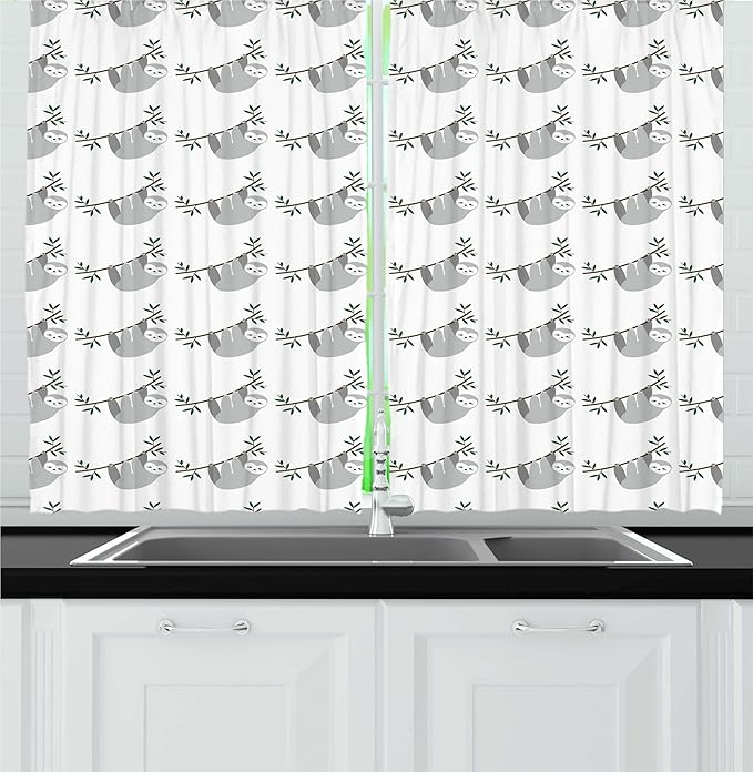 Lunarable Sloth Kitchen Curtains, Repetitive Pattern of Lazy Animals Hang on Branches, Window Drapes 2 Panel Set for Kitchen Cafe Decor, 55" x 24", Blue Grey Jade Green