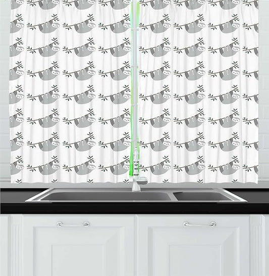 Lunarable Sloth Kitchen Curtains, Repetitive Pattern of Lazy Animals Hang on Branches, Window Drapes 2 Panel Set for Kitchen Cafe Decor, 55" x 30", Blue Grey Jade Green