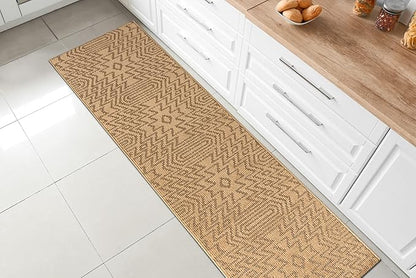 Custom Length Cut to Size Tribal Ethnic Southwestern Inspired Hallway Runner Rug, Non Slip Rubber Backed, 31 inch Wide X Customized Length, Inca Tan, 31 inch X 19 feet