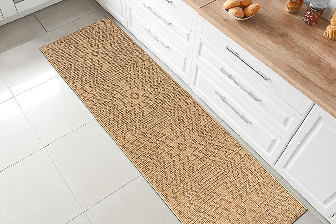 Custom Length Cut to Size Tribal Ethnic Southwestern Inspired Hallway Runner Rug, Non Slip Rubber Backed, 31 inch Wide X Customized Length, Inca Tan, 31 inch X 16 feet