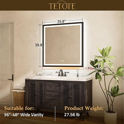 TETOTE 36x36 LED Mirror for Bathroom Gold Metal Frame Frontlit & Backlit Lighted Vanity Mirror Baroque Anti Fog Stepless Dimmable White/Warm/Natural,CRI90+,Waterproof,Wall Mounted(Horizontal/Vertical)
