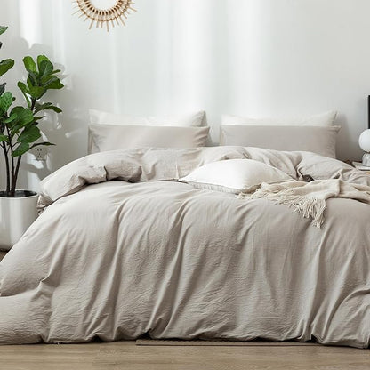 MooMee Bedding Duvet Cover Set 100% Washed Cotton Linen Like Textured Breathable Durable Soft Comfy (Heathered Cream Grey, Super Queen 90"x98")