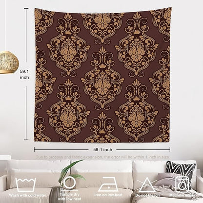 Batmerry Brown Damask Floral Tapestry,Vintage Golden Brown Damask Pattern Wall Art Hanging Decoration Polyester Fiber White Ruffled Around for Dorm Room Bedroom Living Room, 59.1x59.1 inches