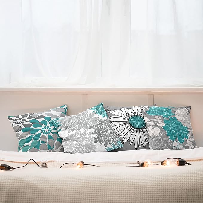 Ambesonne Floral Throw Pillow Cushion Case Pack of 4, Flower Petals Modern Color Palette Chamomile Peony Dahlia and Sunflower Print, Modern Accent Double-Sided Digital Printing, 18", Grey Dark Seafoam