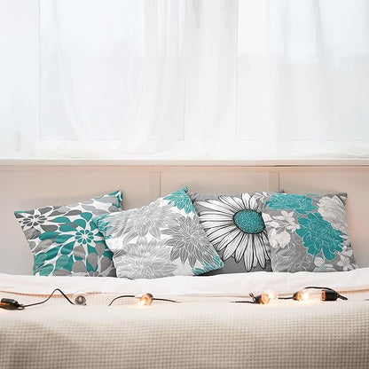 Ambesonne Floral Throw Pillow Cushion Case Pack of 4, Flower Petals Modern Color Palette Chamomile Peony Dahlia and Sunflower Print, Modern Accent Double-Sided Digital Printing, 18", Grey Dark Seafoam