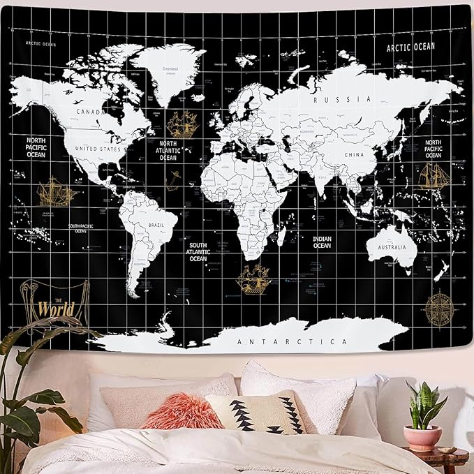 World Map Tapestry Wall Hanging, World Geographical Asia Europe South City Topography America Africa Japan Wall Decor Tapestries Map of Wall Art for Bedroom Living Room Home Office