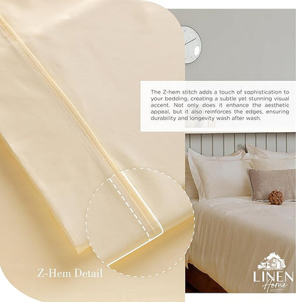 Linen Home 100% Cotton Percale Sheets Full Size, Ivory, Deep Pocket, 4 Pieces Set - 1 Flat, 1 Deep Pocket Fitted Sheet and 2 Pillowcases, Crisp Cool and Strong Bed Linen