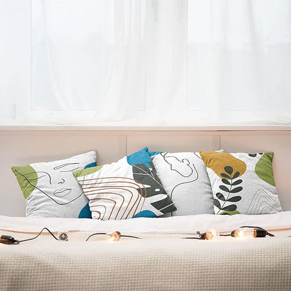 Ambesonne Minimal Throw Pillow Cushion Case Pack of 4, Modern Line Art Woman Portrait with Contemporary Leafy Geometric Details, Modern Accent Double-Sided Digital Printing, 24", Blue Green Marigold