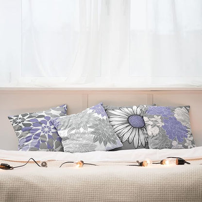 Ambesonne Floral Throw Pillow Cushion Case Pack of 4, Flower Petals Modern Color Palette Chamomile Peony Dahlia and Sunflower Print, Modern Accent Double-Sided Digital Printing, 20", Lavender and Grey