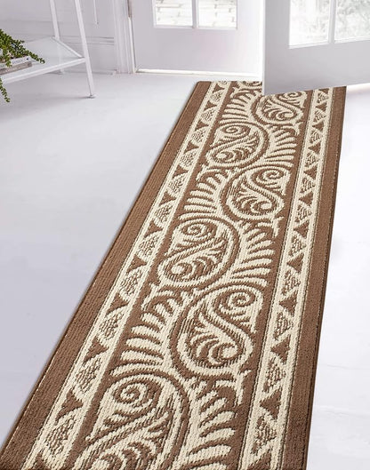 Custom Length Cut to Size Tribal Ethnic Southwestern Inspired Hallway Runner Rug, Non Slip Rubber Backed, 31 inch Wide X Customized Length, Mayan Brown, 31 inch X 25 feet