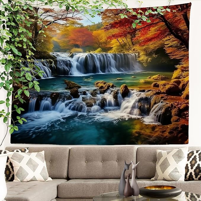 Batmerry Autumn Forest Tapestry, Waterfall At Red Autumn Forest Wall Art Hanging Decoration Polyester Fiber White Ruffled Around for Dorm Room Bedroom Living Room, 39.1x59.1 inches