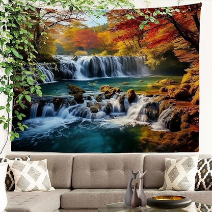 Batmerry Autumn Forest Tapestry, Waterfall At Red Autumn Forest Wall Art Hanging Decoration Polyester Fiber White Ruffled Around for Dorm Room Bedroom Living Room, 39.1x59.1 inches