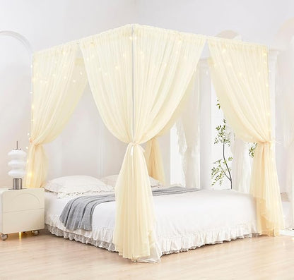 Akiky Ivory Canopy Bed Curtains with Lights 8 Panel Canopy Curtains Drapes for Twin Size Bed Large Rod Pocket Sheer Canopy Bed Drapes