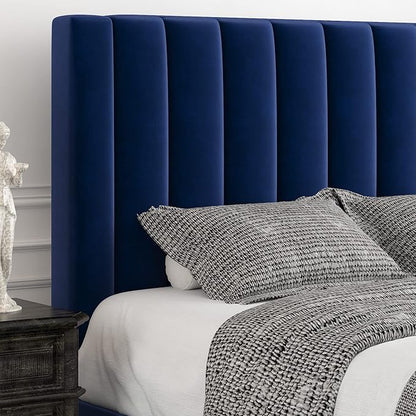Allewie Full Platform Bed Frame/Velvet Upholstered Bed Frame with Vertical Channel Tufted Headboard/Strong Wooden Slats/Mattress Foundation/Box Spring Optional/Easy Assembly/Navy Blue