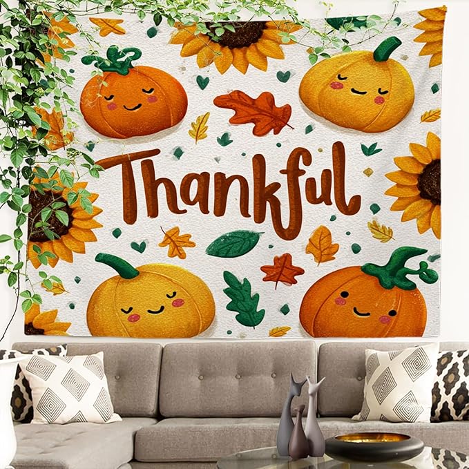 Batmerry Thankful Fall Pumpkins Tapestry, Happy Pumpkins Sunflowers Maple Leaves Wall Art Hanging Decoration Polyester Fiber White Ruffled Around for Dorm Room Bedroom Living Room, 39.1x59.1 inches