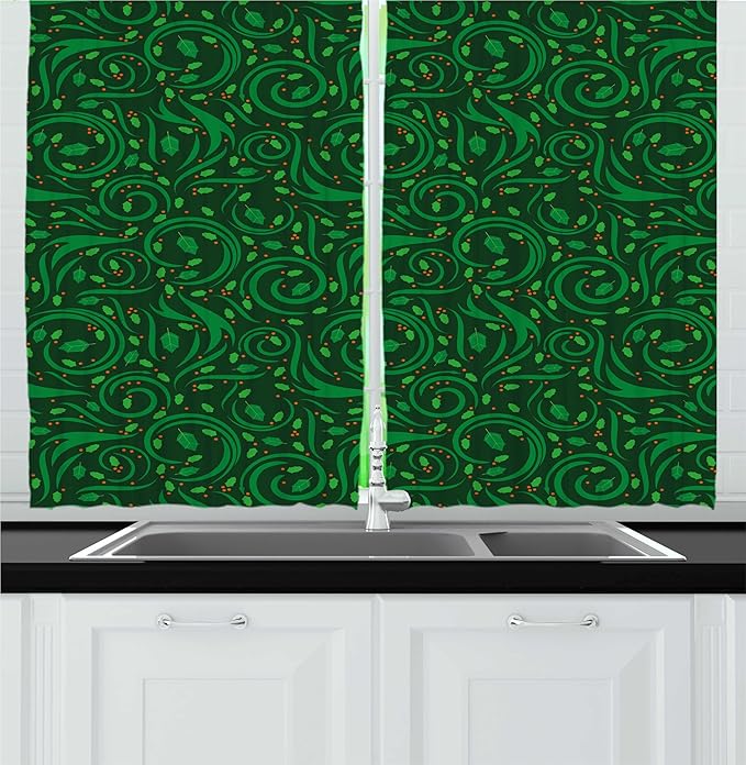 Lunarable Nature Kitchen Curtains, Botanical Swirls Leaf Details and Dot Shaped Berries, Window Drapes 2 Panel Set for Kitchen Cafe Decor, 55" x 30", Green Dark Green