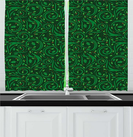 Lunarable Nature Kitchen Curtains, Botanical Swirls Leaf Details and Dot Shaped Berries, Window Drapes 2 Panel Set for Kitchen Cafe Decor, 55" x 30", Green Dark Green