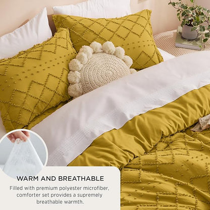 Bedsure Queen Comforter Set - Mustard Yellow Comforter, Boho Tufted Shabby Chic Bedding for Kids, 3 Pieces Vintage Farmhouse Bed Set for All Seasons, Fluffy Soft Bedding with 2 Pillow Shams