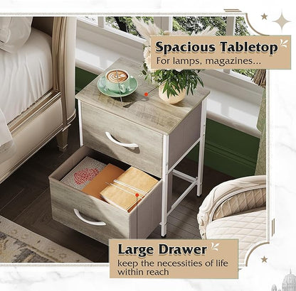 WLIVE Nightstand, 2 Drawer Dresser for Bedroom, Small Dresser with 2 Drawers, Bedside Furniture, Night Stand, End Table with Fabric Bins for Bedroom, Closet, College Dorm, Greige Oak
