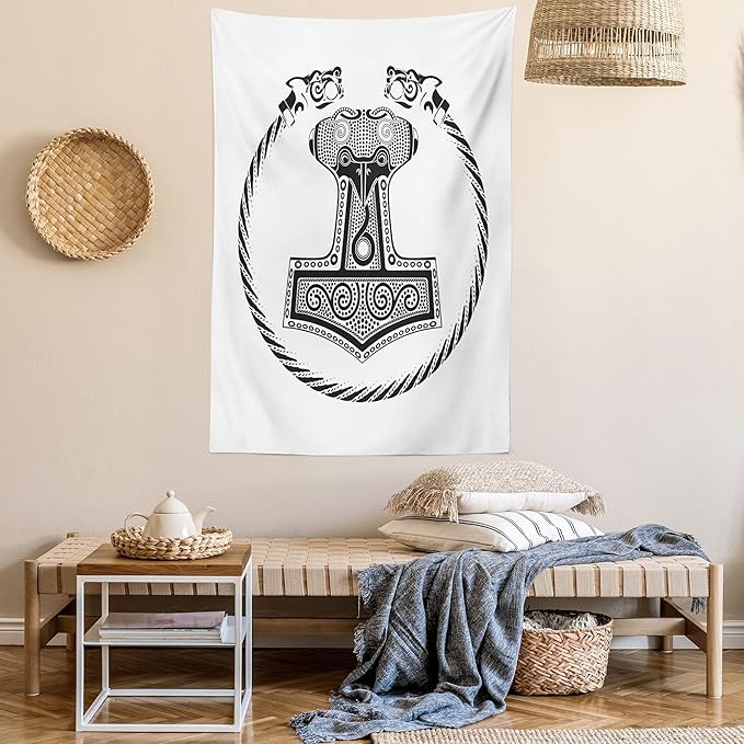 Lunarable Mjolnir Tapestry, Thor's Hammer with Scandinavian Folk Nordic Ornamental Art, Wall Hanging for Bedroom Living Room Dorm Decor, 60" X 80", White Charcoal