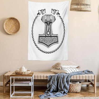 Lunarable Mjolnir Tapestry, Thor's Hammer with Scandinavian Folk Nordic Ornamental Art, Wall Hanging for Bedroom Living Room Dorm Decor, 60" X 80", White Charcoal