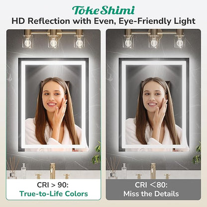 TokeShimi 30x36 LED Bathroom Vanity Mirror with Lights 3 Colors,LED Bathroom Mirror with Lights Backlit + Front Lit,Anti-Fog,HD Tempered Glass,Memory,UL Listed,Waterproof,Shatterproof