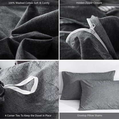 MooMee Bedding Duvet Cover Set 100% Washed Cotton Linen Like Textured Breathable Durable Soft Comfy (Heathered Dark Grey, Alaska King 132"x120")