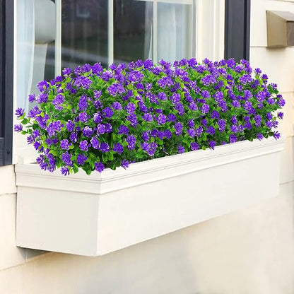 GREENRAIN Artificial Flowers Outdoor Fake Flowers for Decoration UV Resistant No Fade Faux Plastic Plants Garden Porch Window Box Décor (6 Bundles, 3#Purple)