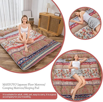 MAXYOYO Bohemian Retro Floor Mattress Vintage Floral Japanese Futon Mattress Roll Up Thicken Sleeping Bed Portable Camping Mattress Floor Lounger Couch Bed Mattress Pad, King Size