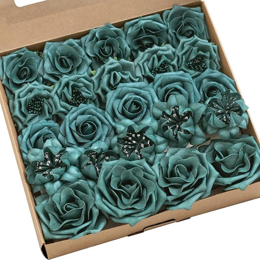 Ling's Moment Artificial Flowers Fake Roses Faux Foam Flower Combo for DIY Wedding Bouquets Centerpieces Arrangements Bridal Shower Party Home Decorations, Dark Teal, 24pcs