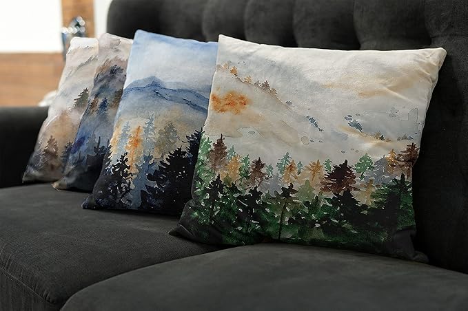 Ambesonne Forest Throw Pillow Cushion Case Pack of 4, Watercolor Painting of Nature Landscape Hazy Mountains and Pine Trees, Modern Accent Double-Sided Digital Printing, 18", Blue Emerald and Cocoa
