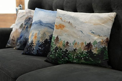 Ambesonne Forest Throw Pillow Cushion Case Pack of 4, Watercolor Painting of Nature Landscape Hazy Mountains and Pine Trees, Modern Accent Double-Sided Digital Printing, 18", Blue Emerald and Cocoa
