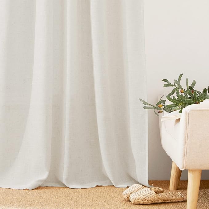 RYB HOME Semi Sheer Curtains, Extra 66 inches Widith Thick Linen Burlap Rod Pocket Machine Washable Privacy Assured for Living Room Bedroom, W 66 x L 84 inches, Linen, 2 Panels
