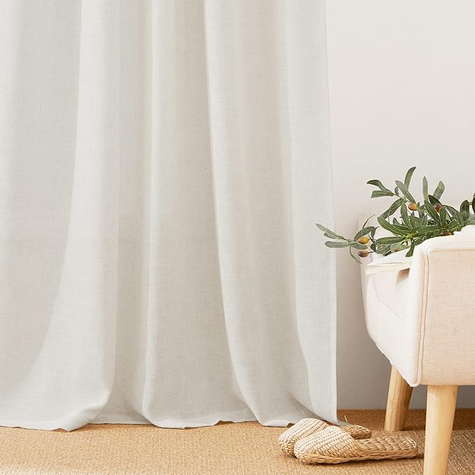 RYB HOME Curtains for Bedroom - Sheer Linen Textured Curtains Semi Transparent Privacy Shades for Farmhouse Living Room Kids Room, W 52 inch x L 90 inch, Linen, 1 Pair