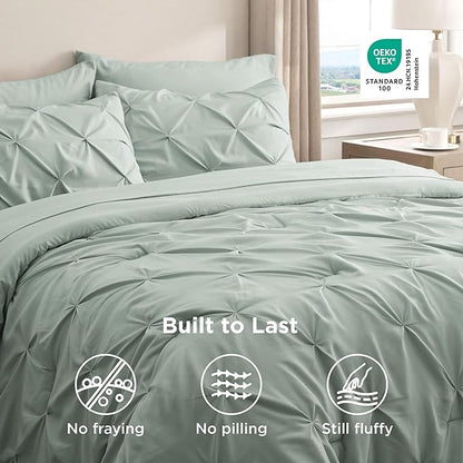 Bedsure Oversized King Comforter Set Sage Green - Bed in a Bag Bedding Set 7 Pieces, GentleSoft™ Pintuck Bed Set Gift for Family, Pinch Pleat Sage Green Comforter with Sheets, Pillowcases & Shams
