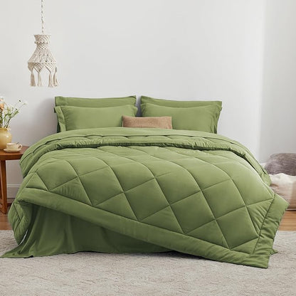 Love's cabin California King Comforter Set Olive Green, 7 Pieces California King Bed in a Bag, All Season Bedding Sets with 1 Comforter, 1 Flat Sheet, 1 Fitted Sheet, 2 Pillowcase and 2 Pillow Sham