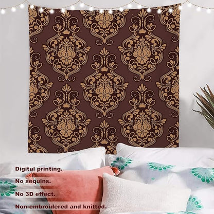 Batmerry Brown Damask Floral Tapestry,Vintage Golden Brown Damask Pattern Wall Art Hanging Decoration Polyester Fiber White Ruffled Around for Dorm Room Bedroom Living Room, 59.1x59.1 inches