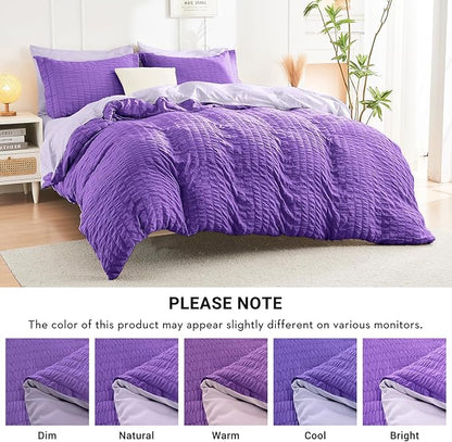 HYMOKEGE Dark Purple/Lavender Queen Comforter Set Seersucker 7 Pieces, All Season Luxury Bed in a Bag Queen for Bedroom, Bedding Set with Comforter, Sheets, Pillowcases & Shams