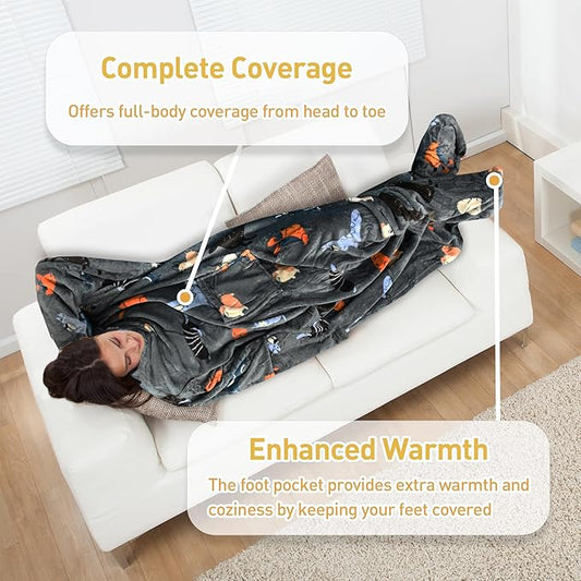 Catalonia Wearable Fleece Blanket with Sleeves and Foot Pockets for Adult Women Men, Micro Plush Comfy Wrap Sleeved Throw Blanket Robe Large, Gray Dog