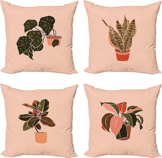Ambesonne Botanical Throw Pillow Cushion Case Pack of 4, Digital Watercolor Effect Modern Print of House Plants Leaves Pots, Modern Accent Double-Sided Digital Printing, 24", Peach Emerald and Salmon
