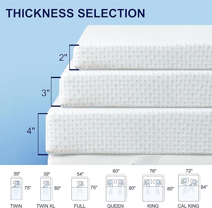 Subrtex 2 Inch Mattress Topper Cover (Only Cover) Mattress Topper Protector Bedding Rayon Made from Bamboo Removable Mattress Encasement with Zippers, CK