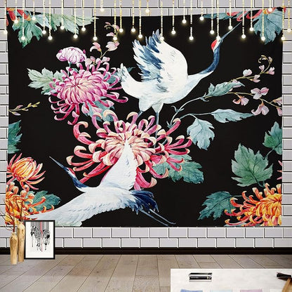 Batmerry Red Green Cranes Floral Leaves Tapestry, Traditional Japanese Watercolor Sytle Design Tapestry for Living Room Bedroom Wall Hanging Decorative 59.1x82.7 Inch