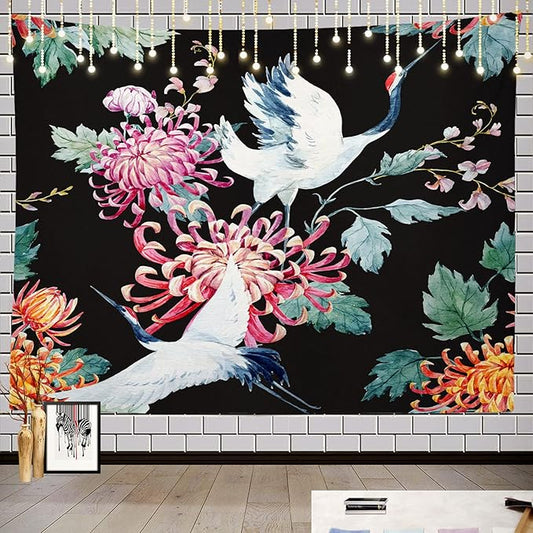 Batmerry Red Green Cranes Floral Leaves Tapestry, Traditional Japanese Watercolor Sytle Design Tapestry for Living Room Bedroom Wall Hanging Decorative 59.1x82.7 Inch