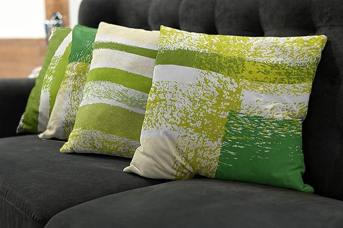 Ambesonne Grunge Throw Pillow Cushion Case Pack of 4, Abstract Design Simplistic Minimal Stripes Brushstrokes Contemporary, Modern Accent Double-Sided Digital Printing, 24", Lime Green Cream and White