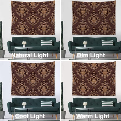 Batmerry Brown Damask Floral Tapestry, Vintage Golden Brown Damask Pattern Wall Art Hanging Decoration Polyester Fiber White Ruffled Around for Dorm Room Bedroom Living Room, 59.1x82.7 inches