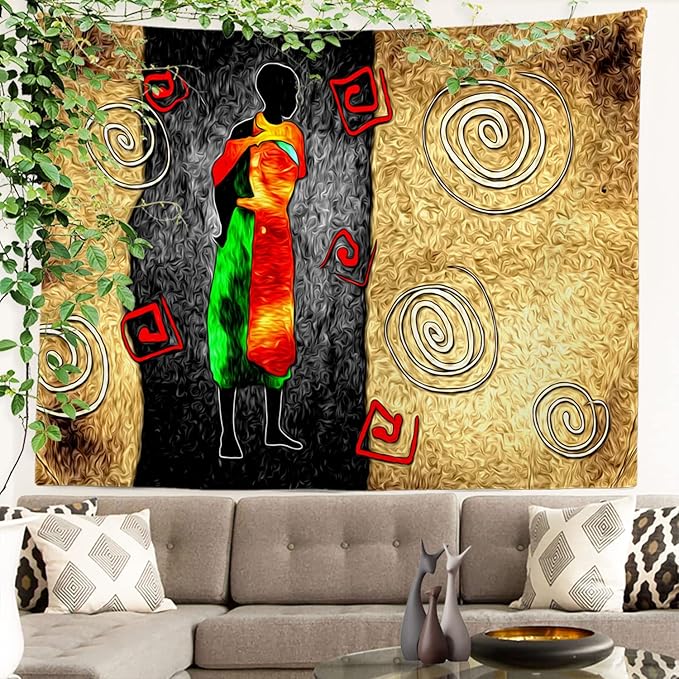 Batmerry African Ethnic Retro Tapestry, Vintage Motive Oil Landscape Fashion Wall Art Hanging Decoration Polyester Fiber White Ruffled Around for Dorm Room Bedroom Living Room, 59.1x82.7 inches